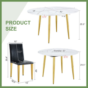 English Elm Table and Chair Set Extendable Round Mdf Top Gold Legs Four Pu Dining Seats Black,White+Gold W1151S04830