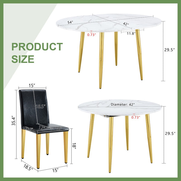 English Elm Table and Chair Set Extendable Round Mdf Top Gold Legs Four Pu Dining Seats Black,White+Gold W1151S04830