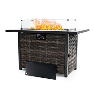 English Elm Outdoor Fire Pit 50,000 BTU Propane Gas Fire Table with Wicker Base, Glass Wind Guard, Lid, Patio Warmer Black+Brown W213P266078