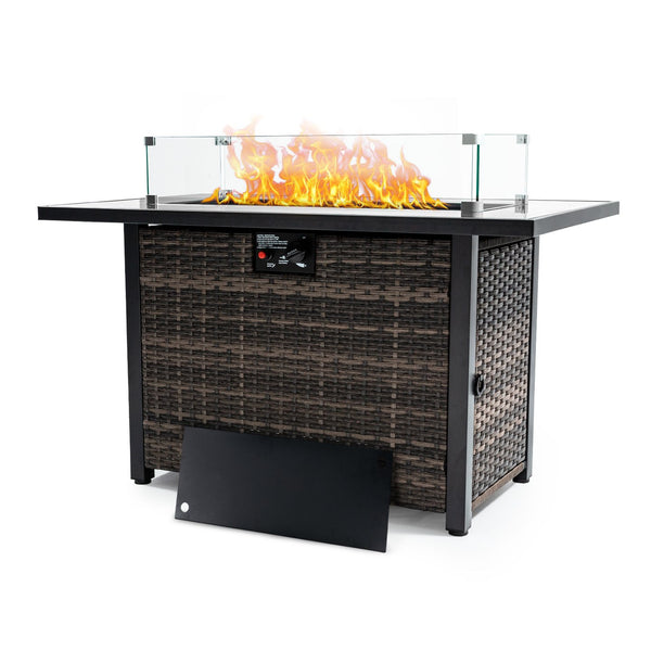 English Elm Outdoor Fire Pit 50,000 BTU Propane Gas Fire Table with Wicker Base, Glass Wind Guard, Lid, Patio Warmer Black+Brown W213P266078