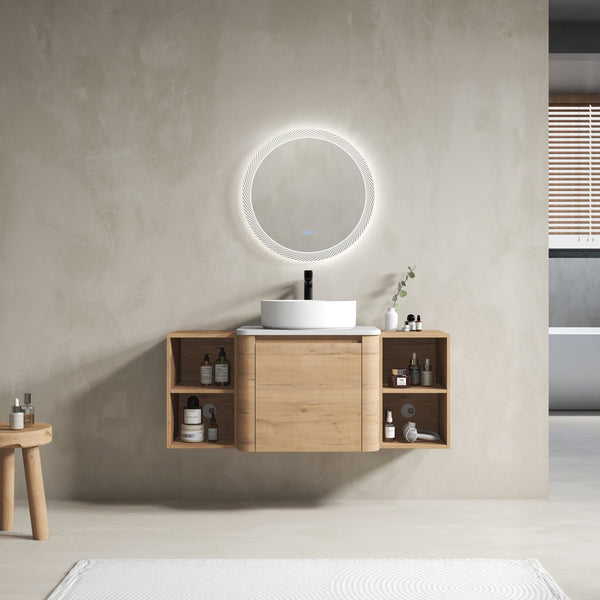 English Elm 48'' Wall-Mounted Bathroom Vanity With Elegant Ceramic Sink, Soft-Close Door & Dual Storage Shelves W999S00408