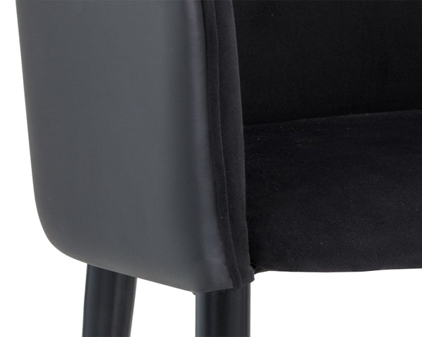 Sunpan Asher Dining Armchair - Modern Barrel Back Design with Black Steel Legs and Elegant Gold Foot Caps Abbington Black / Napa Black