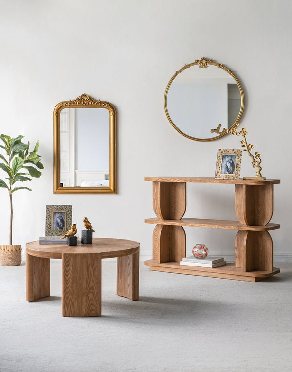 English Elm 47x15x32.5" Three-Tiered Wooden Shelf with Brown Ash Veneer — Organic Modern Console, Media & Display Stand W2078P392489