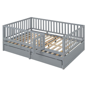 English Elm Full Size Pinewood Kids Daybed with Fence Rails Split Floor Bed and Storage Drawers Gray LP100882AAE