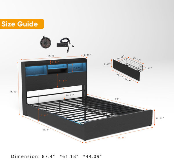 English Elm Queen Bed Frame With 4 Storage Drawers, Led Charging Station & Quiet Design For Modern Bedrooms W2129P387052-GIGA