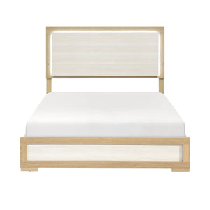 English Elm Contemporary LED Panel Queen Bed with Integrated Lighting, Sleek Wooden Frame and Modern Headboard Design Natural,White 67.5 L x 30.5 W x 5.5 H B011S01704