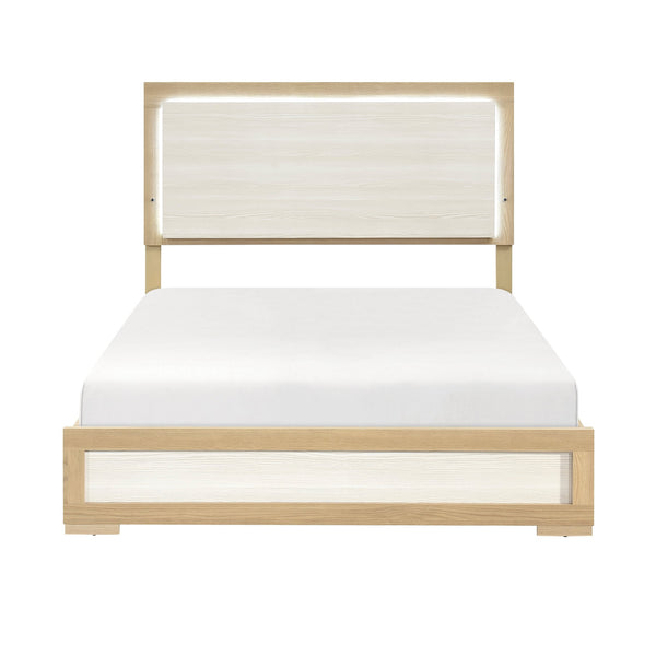 English Elm Contemporary LED Panel Queen Bed with Integrated Lighting, Sleek Wooden Frame and Modern Headboard Design Natural,White 67.5 L x 30.5 W x 5.5 H B011S01704