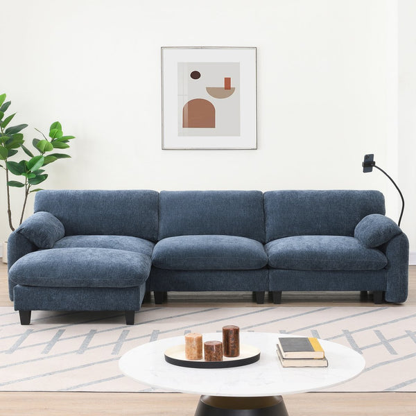 English Elm 108" Modular Sectional Sofa with USB & Type-C Chargers, Phone Cradle, Side Pockets, Movable Ottoman Blue Gray N723S7039C