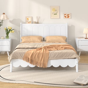 English Elm Full Size Wood Platform Bed Frame, Retro Style Bed With Rectangular Headboard,No Need Box Spring,White