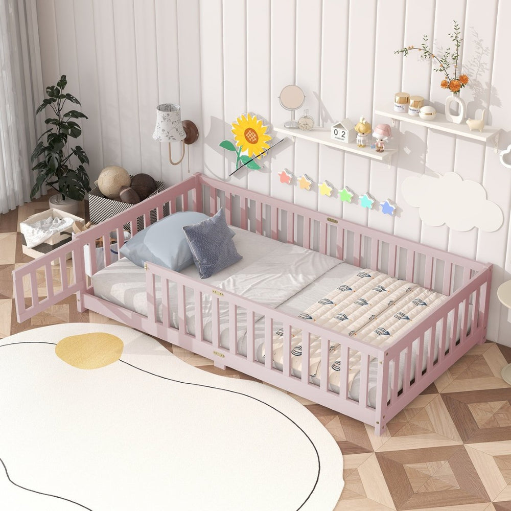 English Elm Twin Low Profile Rubberwood Floor Bed with Full Safety Fence for Toddler Rooms Pink W504P429281