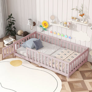 English Elm Twin Low Profile Rubberwood Floor Bed with Full Safety Fence for Toddler Rooms Pink W504P429281