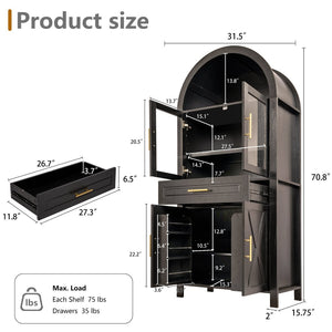 English Elm 71" Arched Glass Barn Door Pantry Cabinet Farmhouse Mdf Storage for Kitchen Dining Black W2917S00016