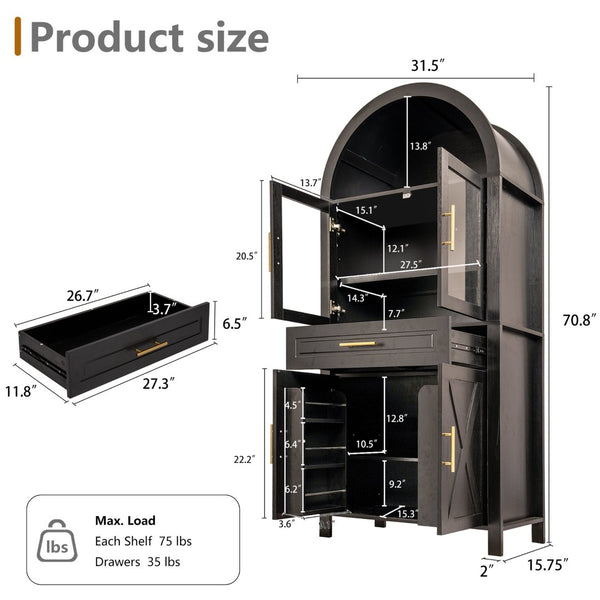 English Elm 71" Arched Glass Barn Door Pantry Cabinet Farmhouse Mdf Storage for Kitchen Dining Black W2917S00016