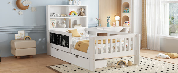 English Elm Twin Chalkboard Platform Bed with Drawers & Shelves, Solid Wood Kids Bed with Storage and Creative Headboard White W1580P362704