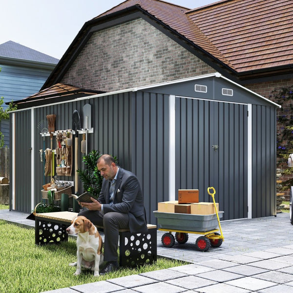English Elm Campcraft Metal Storage Shed 10x14 Ft with Lockable Doors Vented Sloped Roof Backyard W1598S00035