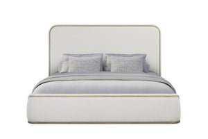 English Elm Queen Upholstered Bed Rounded Headboard Tailored Trim Low Profile Neutral Fabric Frame B2699S00080