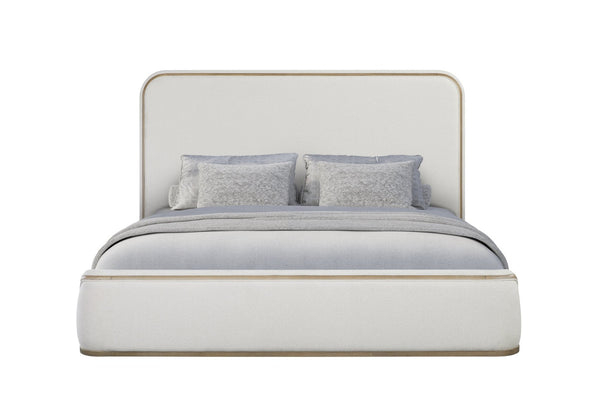 English Elm Queen Upholstered Bed Rounded Headboard Tailored Trim Low Profile Neutral Fabric Frame B2699S00080