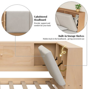 English Elm Wooden Twin L-shaped Corner Bed Pine Frame Bookcase Storage Usb Charging Ports BS701P337660N