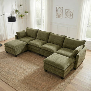English Elm Modern Chenille Three Seat Sofa with Ottoman Usb Charging Ports and Storage Pockets Green W2519S00005