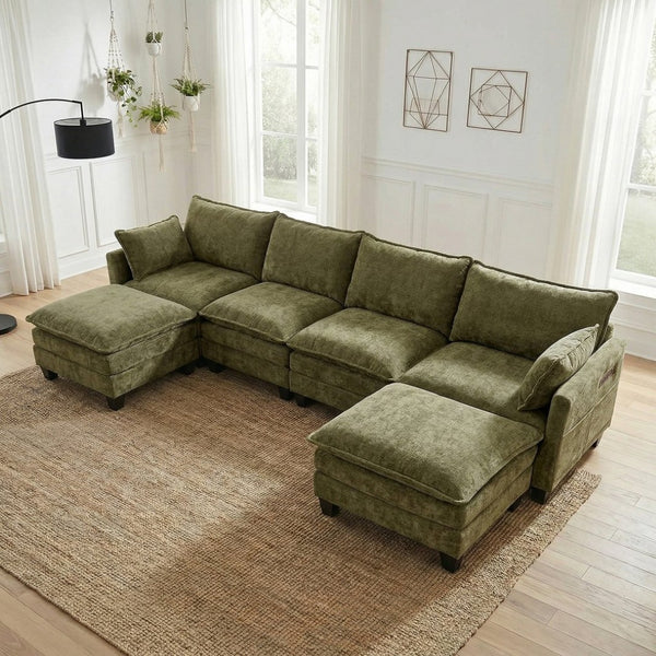 English Elm Modern Chenille Three Seat Sofa with Ottoman Usb Charging Ports and Storage Pockets Green W2519S00005