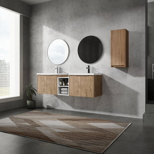 English Elm 60" Modern Wall-Mounted Bathroom Vanity Combo With Soft Close Doors, Dual Sinks & Side Cabinet Storage W999S00226