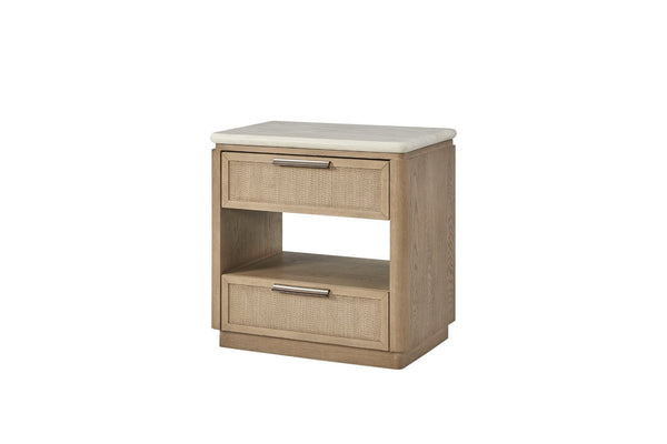 English Elm Two Drawer Coastal Nightstand with Woven Rope Fronts Stone Top and Usb Charging B2699P323471