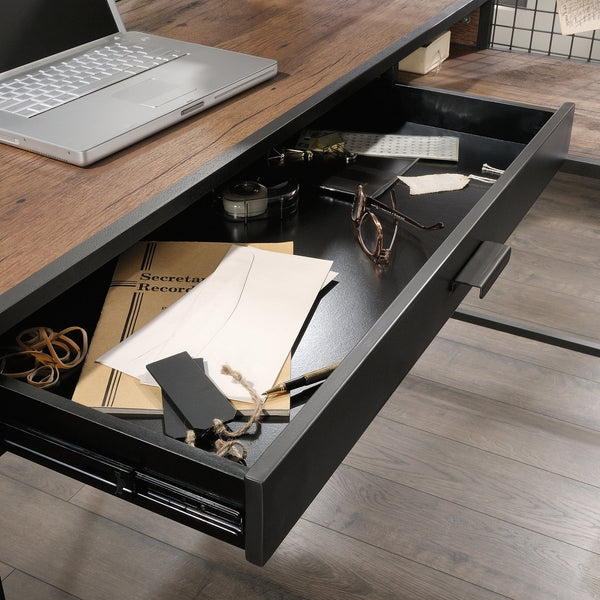 English Elm L-Shaped Desk With Durable Metal Frame And Efficient Storage, Perfect For Modern Home Offices B356P402608