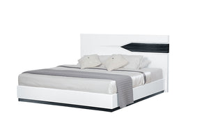 English Elm VIOS ZEBRA WHITE KING BED with Zebrano Accent, Low-Profile Contemporary Solid Wood Frame, Gloss Finish White+Black 68.7 L x 4.92 W x 47.83 H B201S00035