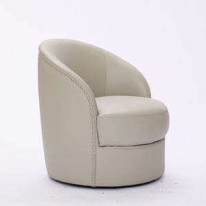 English Elm Gream Cream Top-Grain Leather Swivel Chair — 360° Smooth Spin, Riveted Mid-Century Lounge for Home Office W570P386956