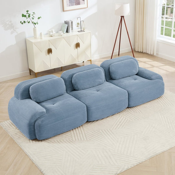 English Elm 3-seat Modular Corduroy Sectional Sofa Ergonomic Curved Design for Living Rooms Blue W714S01248