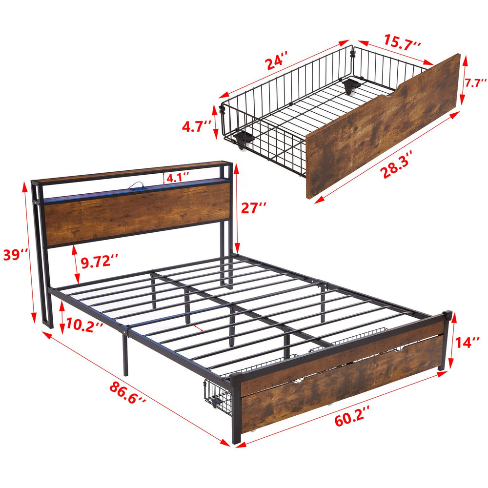 English Elm Queen Metal Platform Bed Frame with Wooden Headboard & Footboard, LED Lights, USB, 2 Drawers, 600lb Limit, Brown/Black W311S00046
