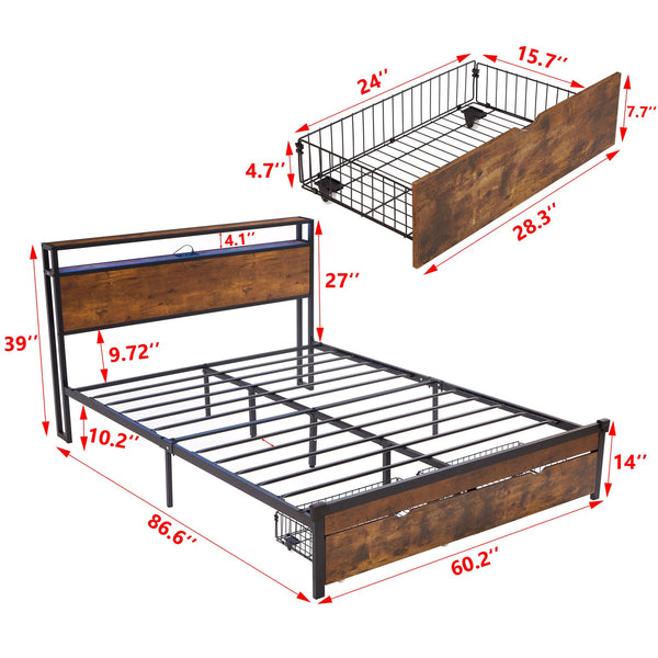 English Elm Queen Metal Platform Bed Frame with Wooden Headboard & Footboard, LED Lights, USB, 2 Drawers, 600lb Limit, Brown/Black W311S00046