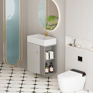 English Elm 21.6" Floating Bathroom Vanity Ceramic Sink Soft Close Cabinet Open Side Shelf Grey W1920S00198