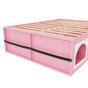 English Elm Queen Storage Platform Bed with Led Lighting Bookshelf Display Cabinet and Pull-out Drawer Pink+White N820S00078H