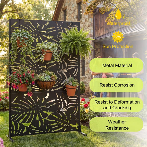 English Elm Metal Laser Cut Tropical Leaf Freestanding Privacy Screen for Patio Balcony Garden W5312P463063