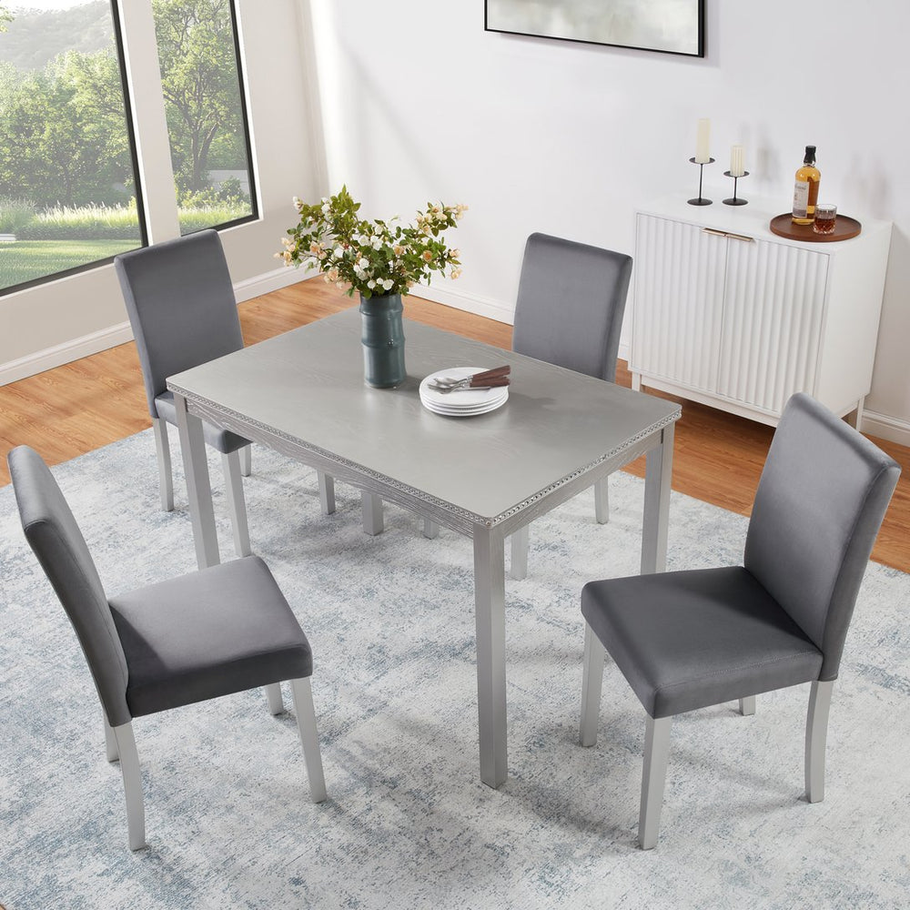 English Elm 5 Piece Wooden Dining Table Set - Elegant Silver Grey Kitchen Furniture With 4 Plush Chairs & Glam Accents W1998S00069