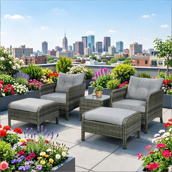 English Elm 5 Piece Pe Wicker Patio Lounge Set with Armchairs Ottomans and Glass Coffee Table T3971S00235