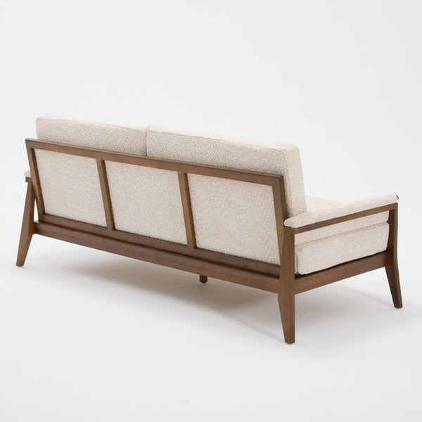 English Elm Mid-century Modern Boucle Upholstered Three Seat Sofa with Walnut Finish Wood Legs Beige N773P411407S