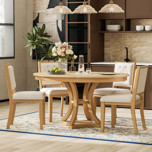 English Elm TREXM Retro 5-Piece Extendable Round-to-Oval Dining Set with Upholstered Chairs and Distressed Finish Natural ST000144AAD