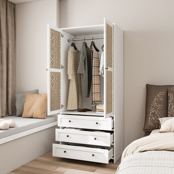 English Elm Hollow 2-Door 3-Drawer Wardrobe with Ventilated Hollow Pattern, Anti-Tip Safety, Floor Mats Included W688P276738
