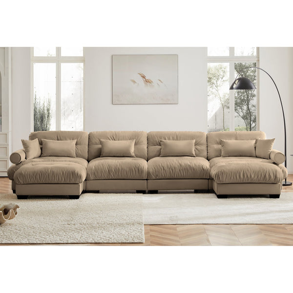 English Elm U Cloud Sectional Sofa with Movable Ottomans, Deep Velvet 4‑Seat Convertible Corner Couch, Plush Support and Bolster Arms Camel W714S01103