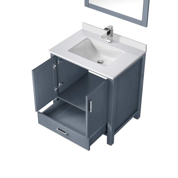 English Elm Dark Grey Vanity 30 in. W x 22 in. D with White Quartz Top, Chrome Faucet & 28 in. Mirror, Durable B2731S01251