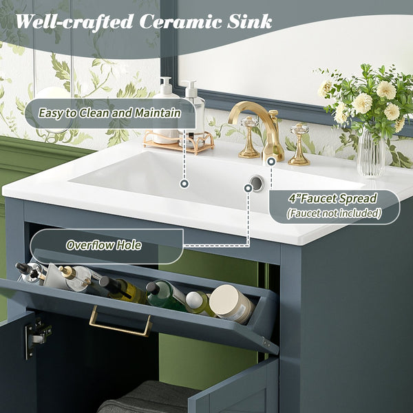 English Elm 24" Stylish Blue Bathroom Vanity With Ceramic Sink, 2 Storage Doors & Tip-Out Drawer For Organization N710P341037C