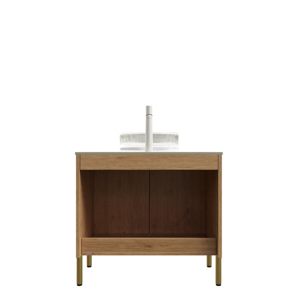 English Elm Turio Freestanding Bathroom Vanity Plywood Cabinet Sintered Stone Top Glass Basin W2615S00642