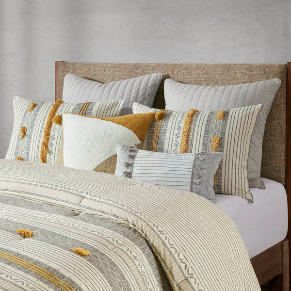 English Elm 3 INK+IVY Cody Cotton Comforter Set Full/Queen with Pom Pom Trim, OEKO-TEX Certified, Striped Style Gray+Yellow 21.65 L x 22.83 W x 10.63 H B035128786