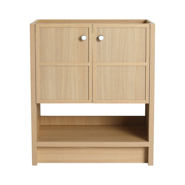 English Elm 30" Freestanding modern oak bathroom vanity with integrated basin, soft-close doors & open shelf storage, plywood construction W1972P268403