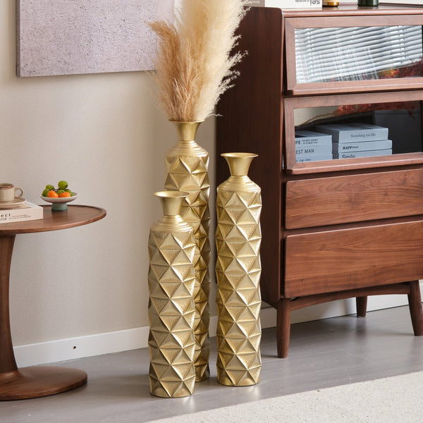 English Elm Metal Antique Gold Decorative Vase Set Of 3 - Modern Geometric Design With 3D Triangle Pattern W2796P193603