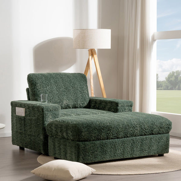 English Elm 42" Oversized Chaise Lounge with Plush Faux Rabbit Fur, Hidden Arm Storage, Cup Holder, Convertible Sleeper Green N723P232726F