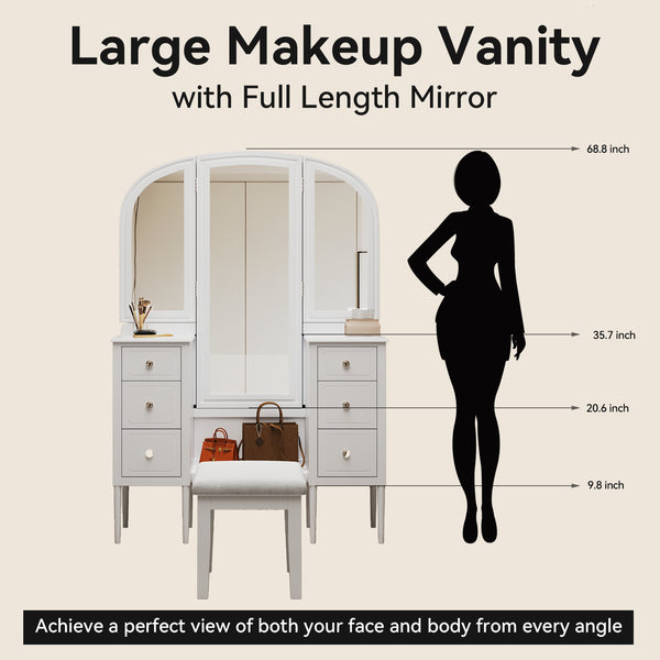 English Elm Antique Glam Vanity Desk with Triple Mirror, Stool & 6 Drawers, Full‑Length Mirror, White Elegance N844P285297A