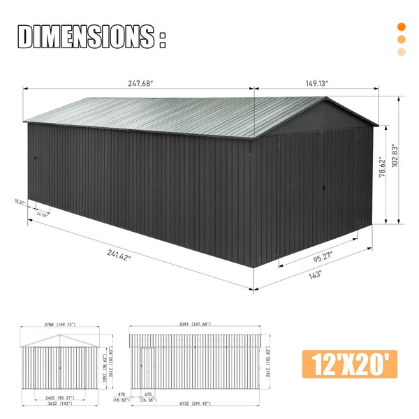 English Elm 12x20ft Outdoor Heavy Duty Metal Carport Shed with Lockable Doors and Wind Resistant Frame W1859P364954